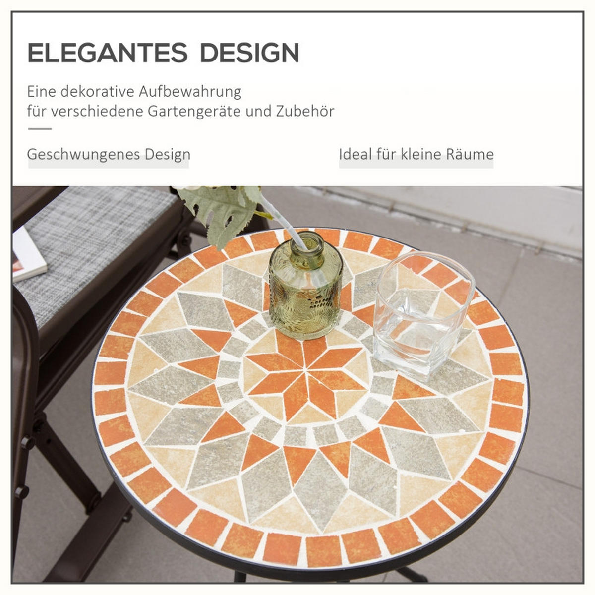 GARTENTISCH Rund 35.5x35.5x53.5 cm Schwarze mit Mosaik-Muster & Metallrahmen - Naturfarben, Metall (35.5/35.5/53.5cm) - Modfu