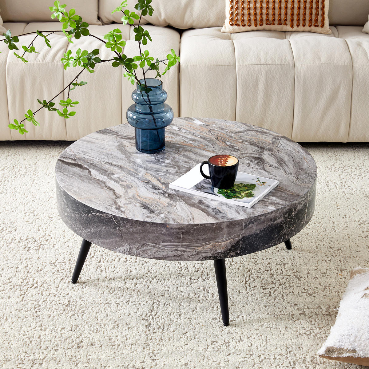 COUCHTISCH 70 cm aus Grau/Schwarz aus MDF und Metall mit verstellbaren Füßen - Schwarz, Holzwerkstoff (70/70/35.5cm) - OKMYHOME
