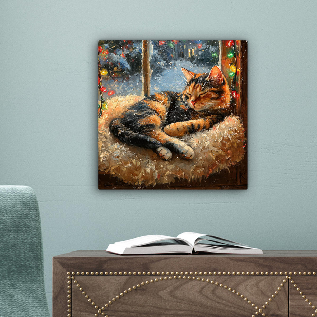 LEINWANDBILD Katze - Weihnachten - Winter - Tier 20x20 cm - Bernsteinfarben, Textil (20/20cm) - MuchoWow