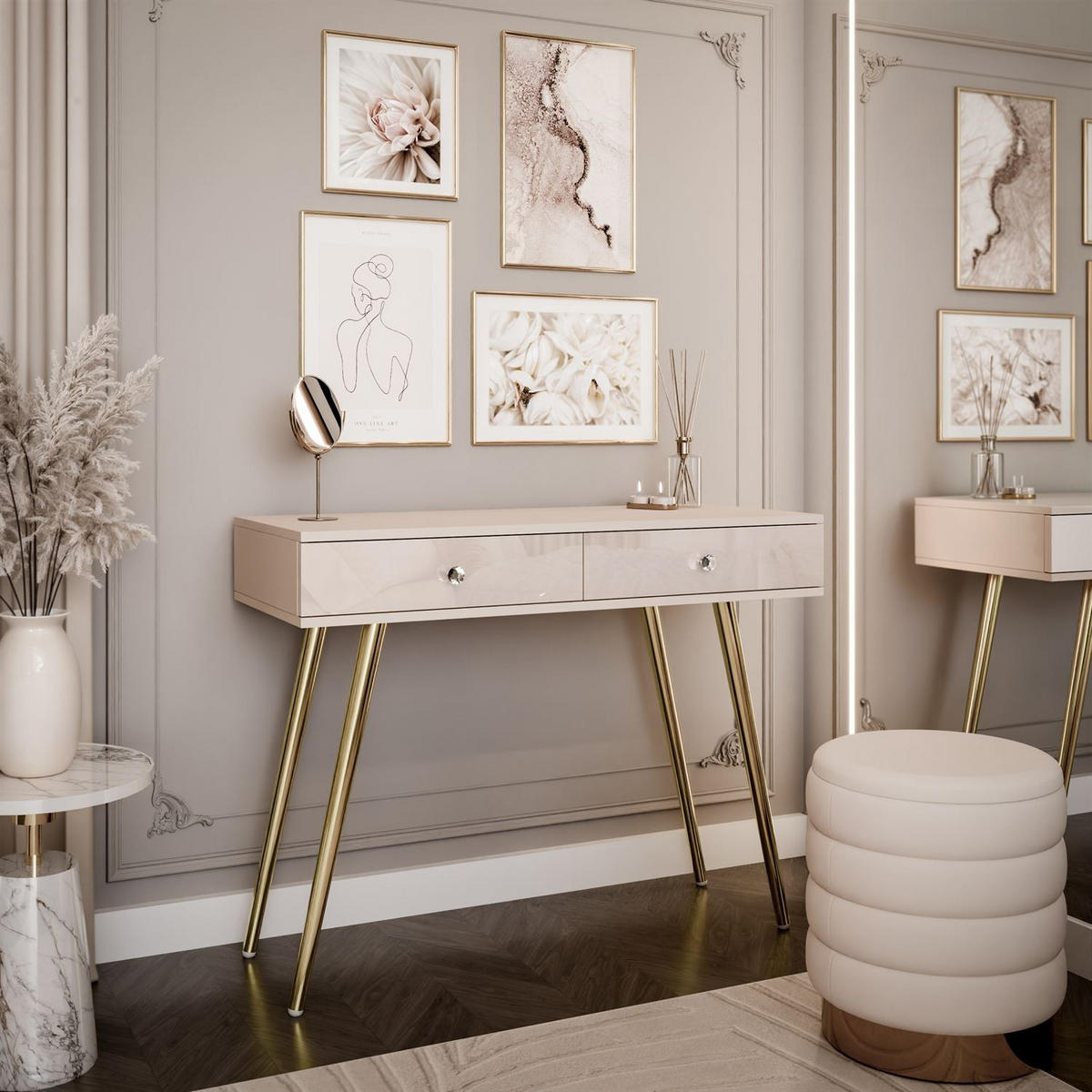 KONSOLE SIENNA KASCHMIR auf schrägen goldenen Beinen - Beige, Holzwerkstoff (100/81/42cm) - Lookway