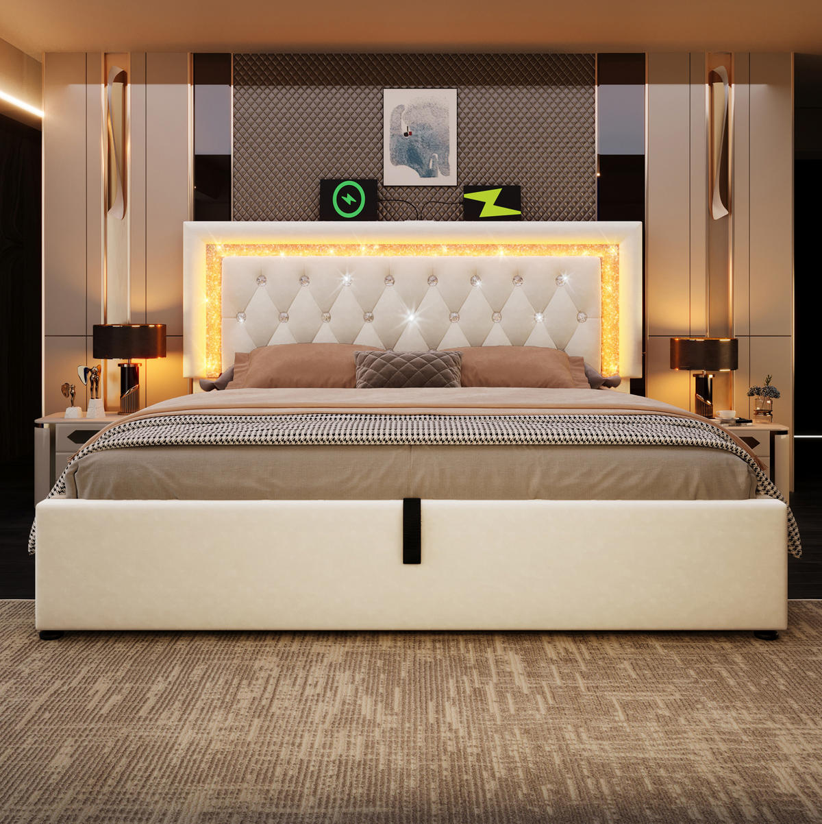 ČALÚNENÁ posteľ z velúru 140x200 cm béžová s LED osvetlením, USB a Type-C nabíjaním, úložným priestorom - béžová, textil (140/200cm) - Modfu