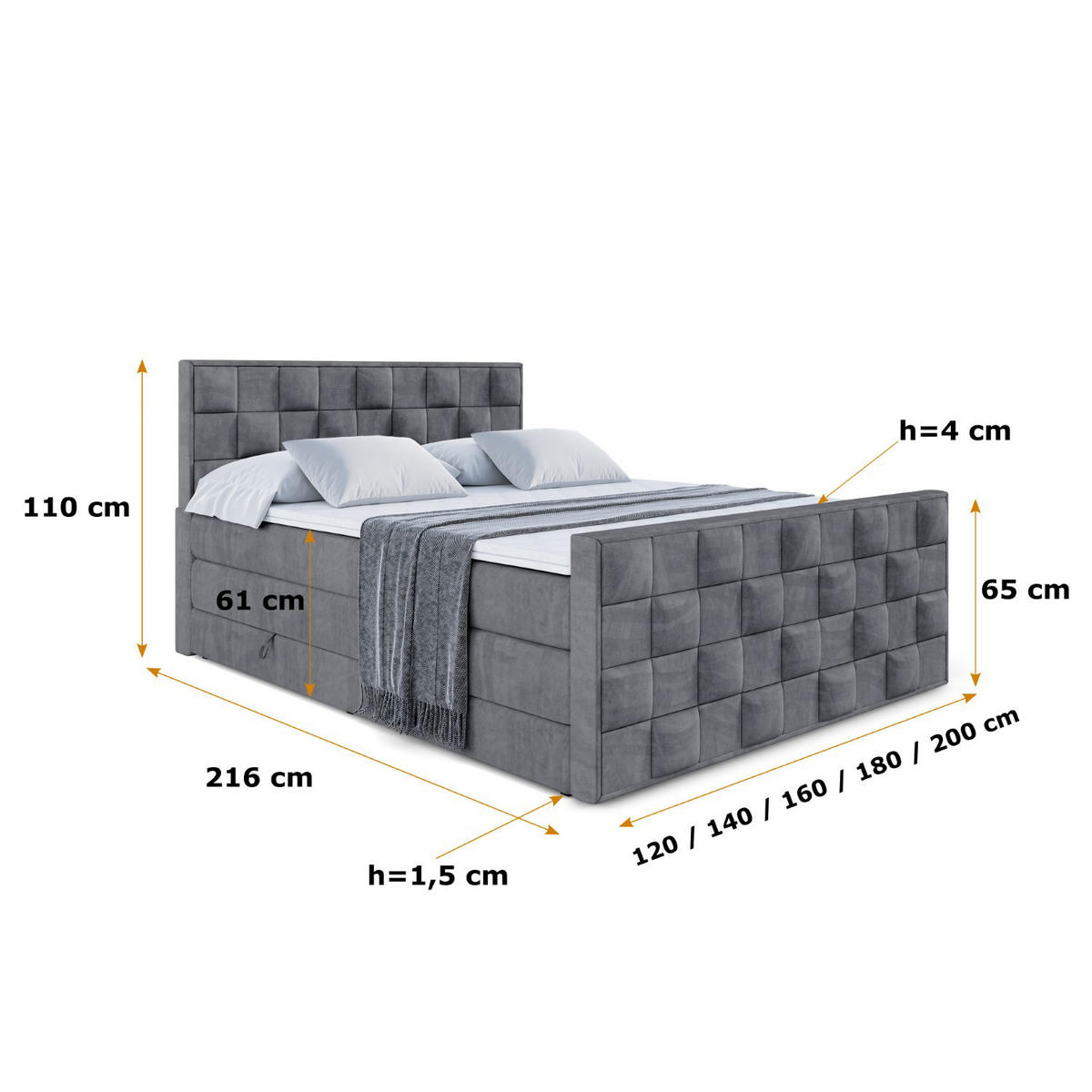 BOXSPRINGBETT ZAFIRA KING - 180 x 200 - H3/H4 - Dunkelgrau - Dunkelgrau, Holzwerkstoff (180/200cm) - ALTDECOR