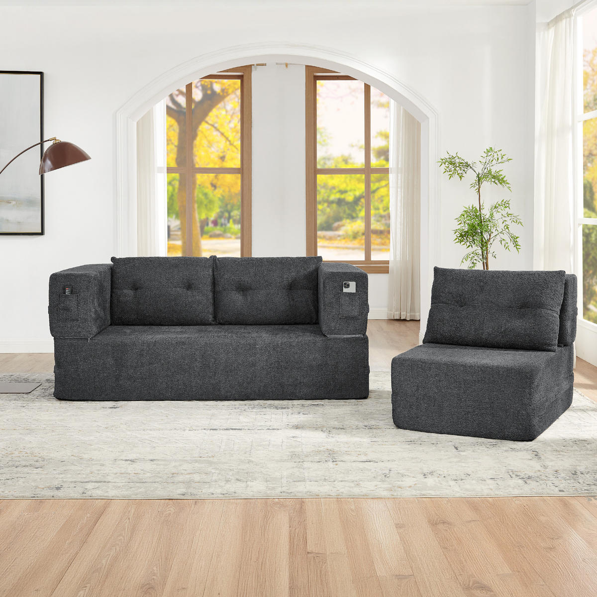 SCHLAFSOFA klappbar mit modularem Sessel, Memory-Schaum und Seitentaschen, Dunkelgrau - Dunkelgrau, Textil (199/39/194cm) - Redom