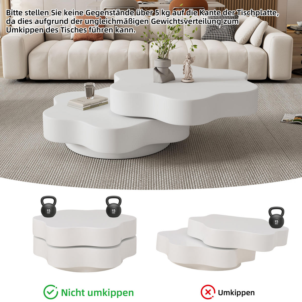 COUCHTISCH in Cremeweiß Blumenform-Wohnzimmertisch mit 360° drehbarer Tischplatte für Wohnzimmer, B74.8/T67.5/H31cm - Weiß, Holzwerkstoff (67.5/74.8/31cm) - STILVORA