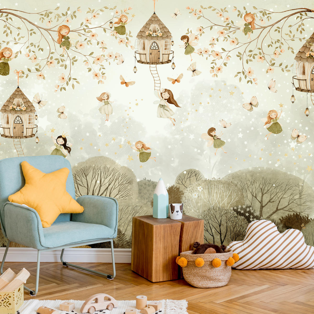 FOTOTAPETE für Kinderzimmer Waldfeen Blumen Sterne Schmetterlinge Baum 400x280 - Beige/Orange, Papier (400/280cm) - Muralo