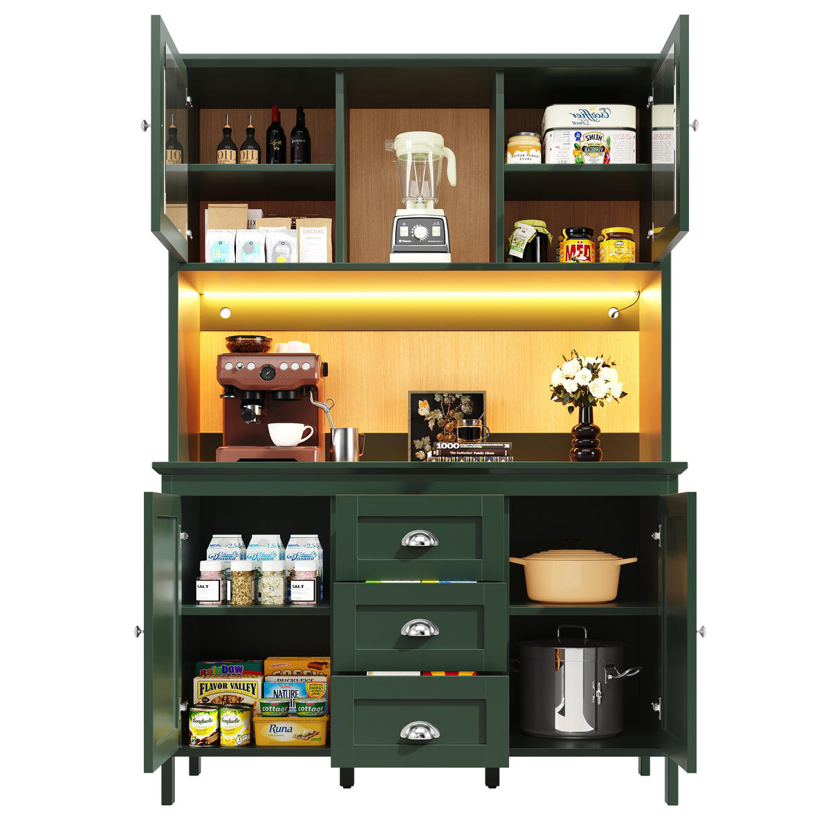 KÜCHENSCHRANK 120x40x179 cm, LED-Beleuchtung, braune Glastüren, Schubladen, Grün - Grün, Holzwerkstoff (120/179/40cm) - FOHERE