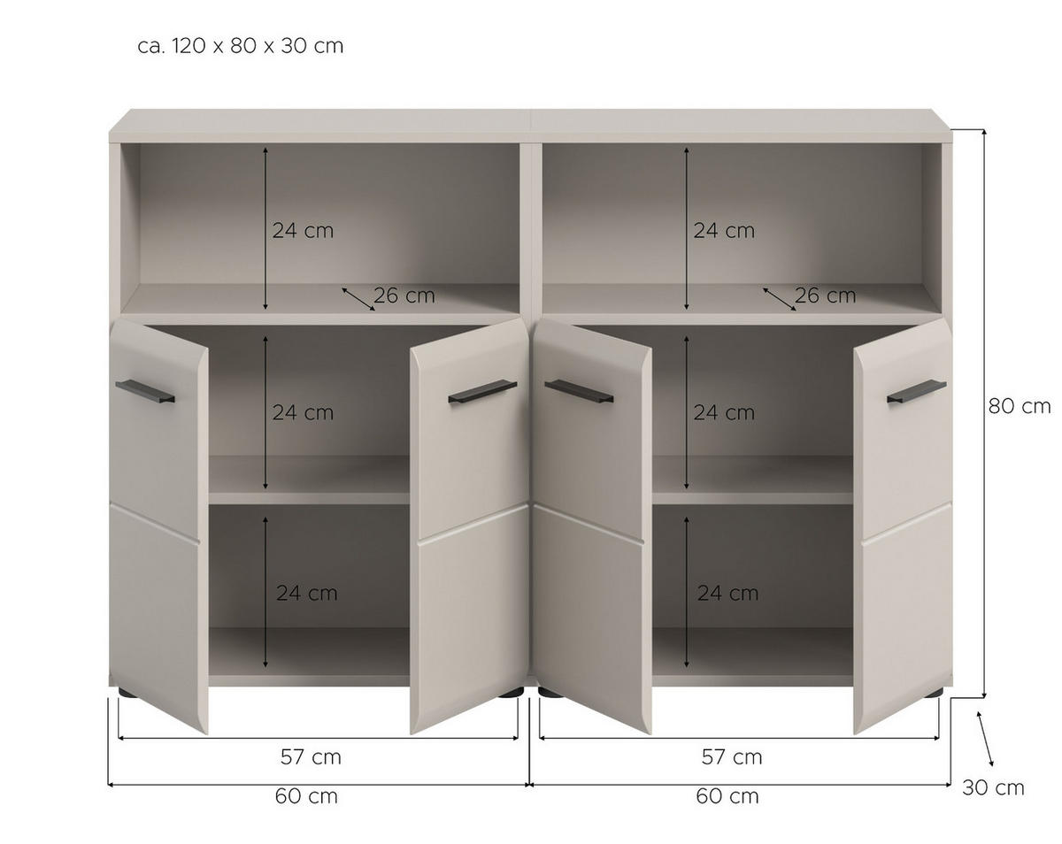 BADKOMMODE Kaschmir 120 x 80 cm, Badezimmer Kommode mit viel Stauraum - Kaschmir/Schwarz, Holzwerkstoff/Kunststoff (120/80/30cm) - Inn.Furn