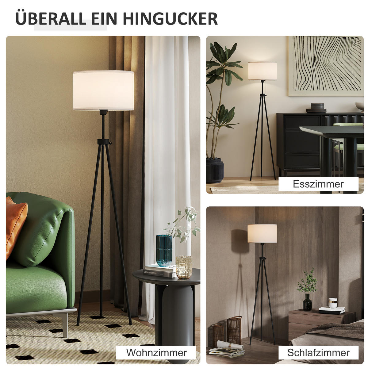 STEHLEUCHTE Stehlampe 37x37x152cm Dreibein-Stativ E27-Fassung Fußschalter Schwarz-Weiß - Schwarz, Metall (37/152/152cm) - Raelunyi
