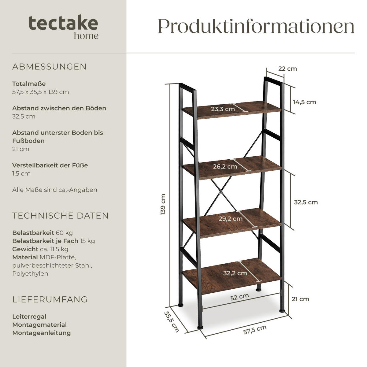 LEITERREGAL Newcastle,inklusive Kippschutz, 57,5 x 35,5 x 139 cm,Industrial Holz dunkel, rustikal - Rostfarben, Holz (35.5/139/57.5cm) - tectake