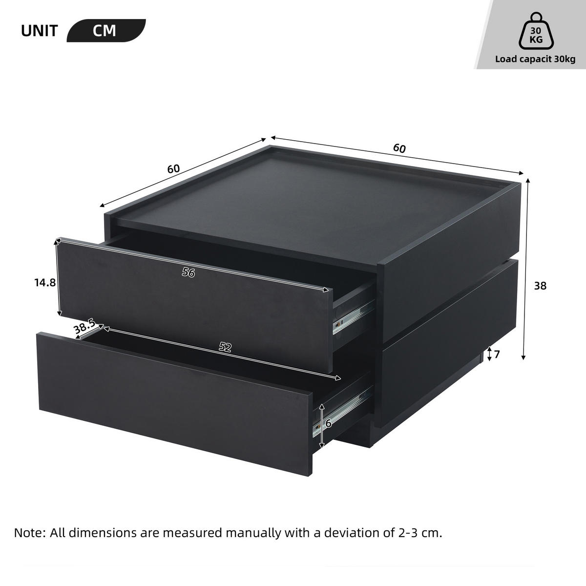 COUCHTISCH, 360° drehbar, 2 Schubladen, Spanplatte in Schwarz, 60/60/38 cm,Schwarz - Schwarz, Holzwerkstoff (60/60/38cm) - Redom