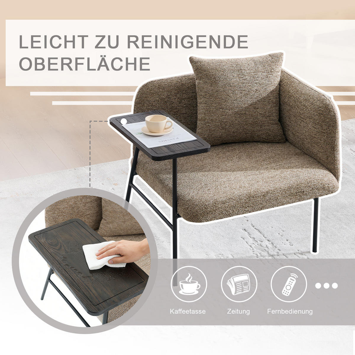 SESSEL Chenille Khaki mit Beistelltisch und Seitentaschen - Hellbraun, Textil/Metall (86/71/72cm) - WISHDOR