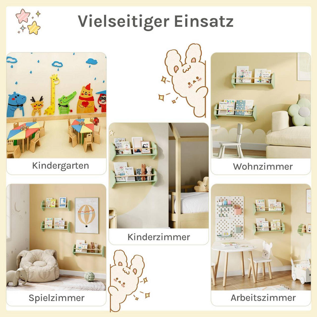 KINDER-WANDREGAL 3er Set, Kiefernholz, 65 x 12,7 x 23cm, Grün - Grün, Holz/Holzwerkstoff (65/23/12.7cm) - Woltu