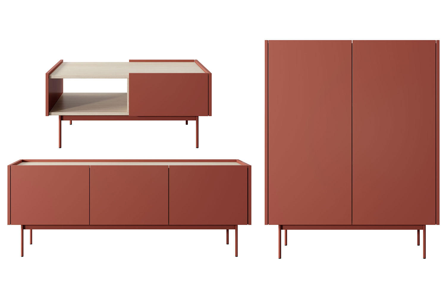 Thumbnail - Feldmann-Wohnen Wohnzimmer-Set, Rot, Hellbraun, Holz, 2 Fächer, 2 Schubladen, 338x122x45 cm, Wohnzimmer, Wohnwände, Wohn...