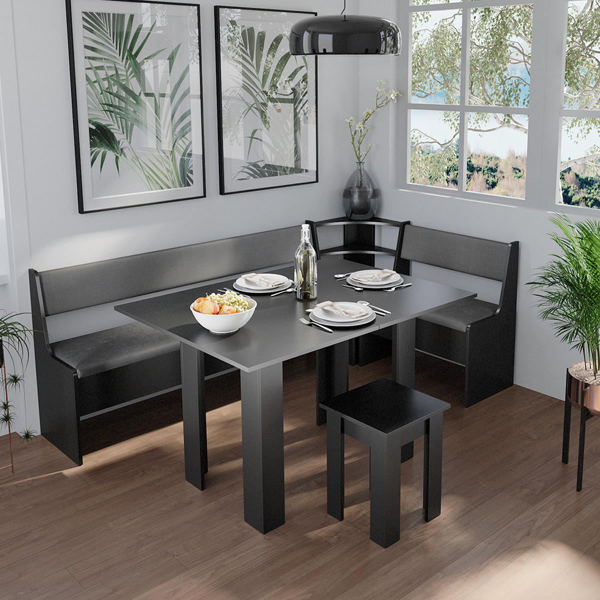 ECKBANKGRUPPE Roman Schwarz 120 x 41.5 cm mit Tisch - Silberfarben/Schwarz, Holzwerkstoff (210/80/120cm) - Vicco