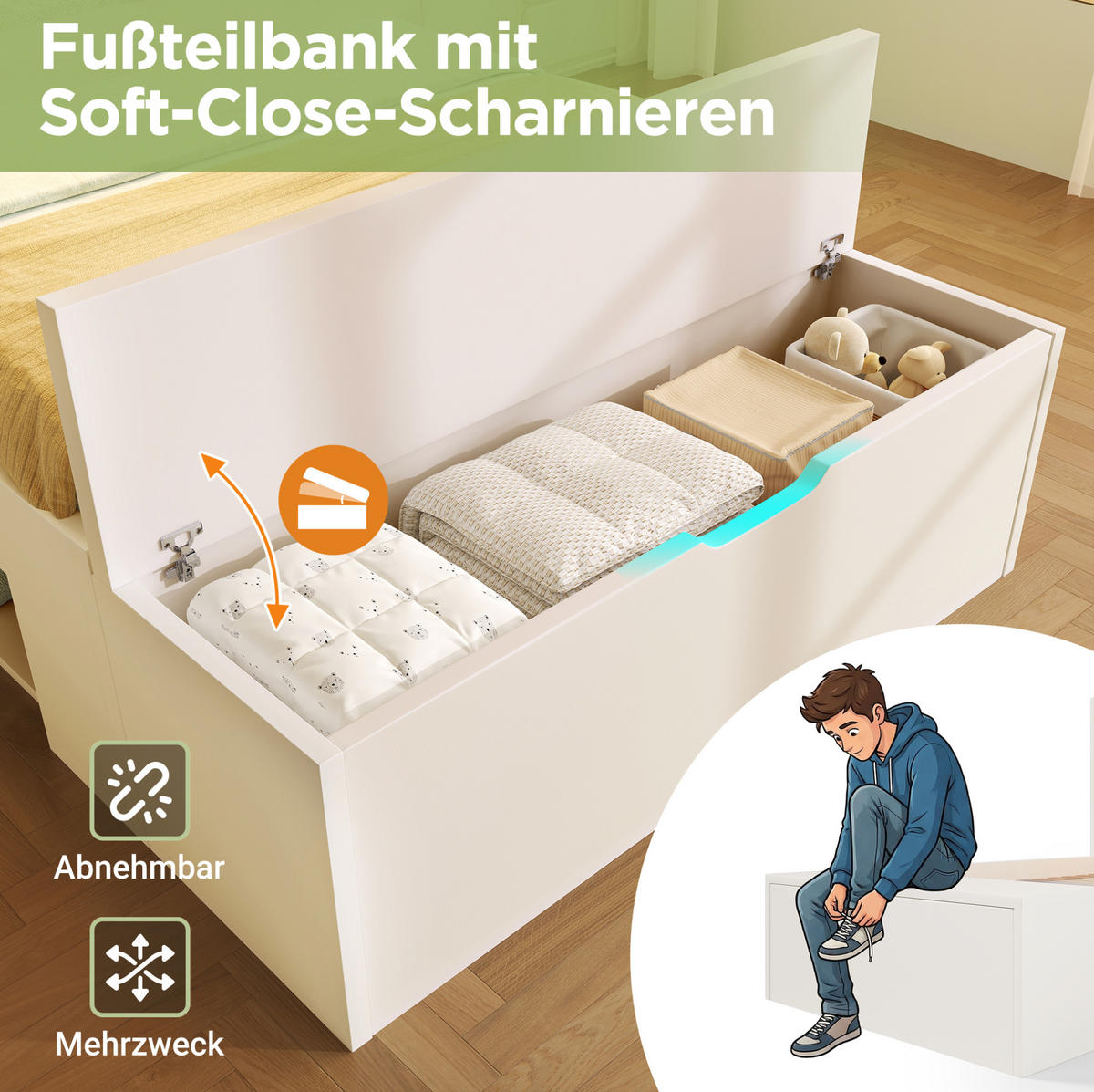 KINDERBETT Kindereinzelbetten 90/200 cm mit LED-Beleuchtung, USB-Anschlüssen, Schubladen, Regalen und Bettbank, Weiß - Weiß, Holzwerkstoff (90/200cm) - Redom