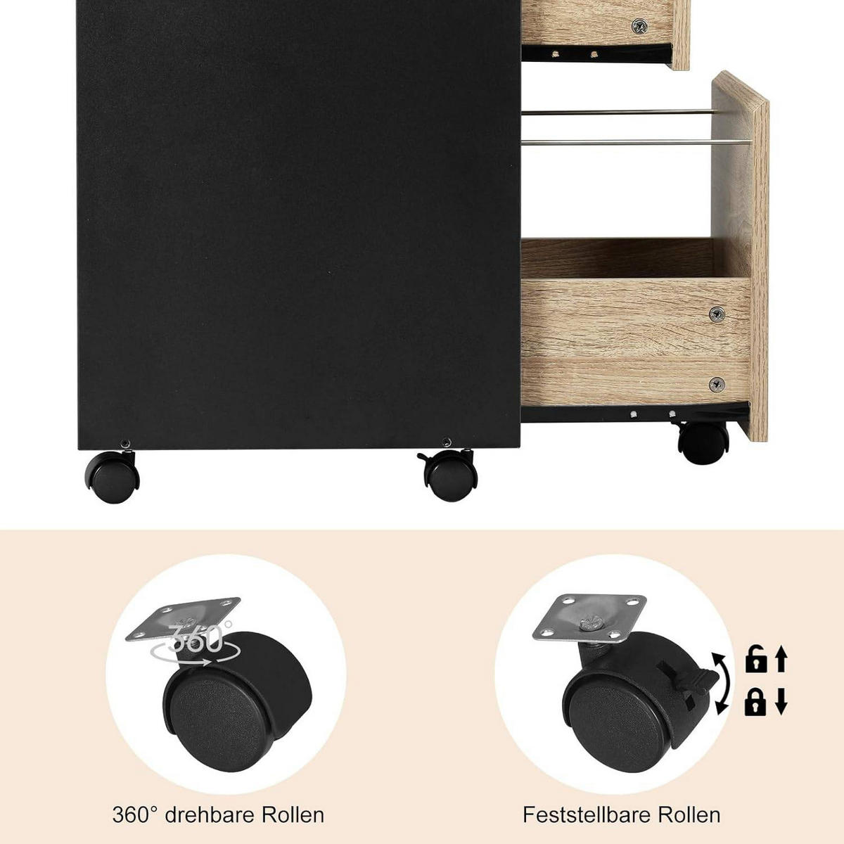 ROLLCONTAINER, Aktenschrank, 40x70x40 cm, Helle Eiche + Schwarz - Eichefarben, Holzwerkstoff (40/70/40cm) - Woltu