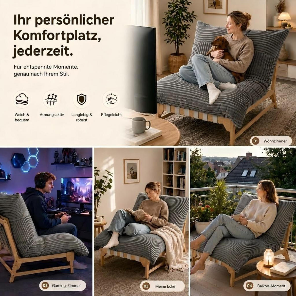 XXL-SESSEL Cord mit Holzrahmen, Breites Kissen, Grau - Grau, Holz/Textil (117/94/114cm) - LVHOM