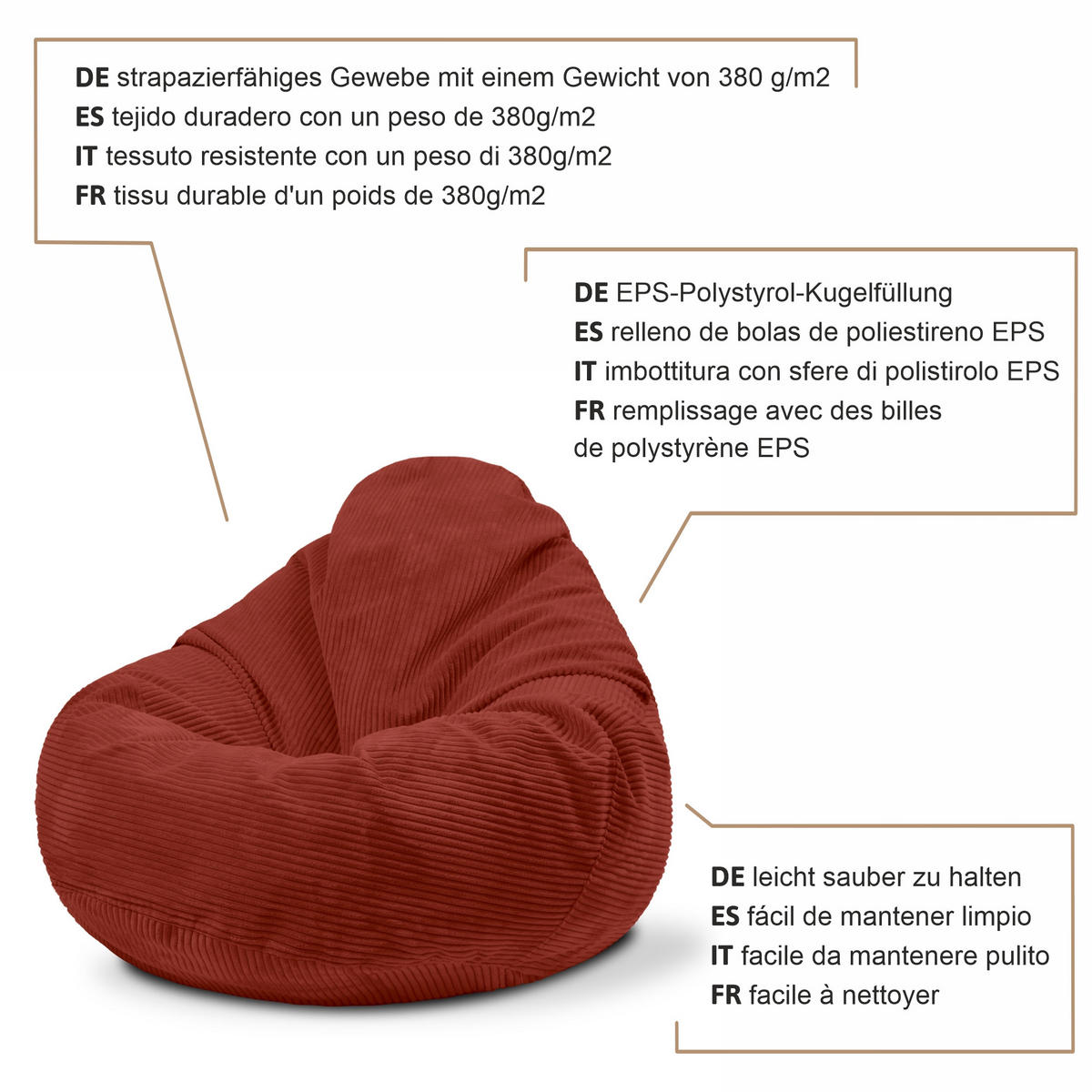 SITZSACK PARADISE MIT FUßSTÜTZE Kordsamt 2-tlg Indian tan S - Cognac/Braun, Textil (70/70/70cm) - Dreamroots