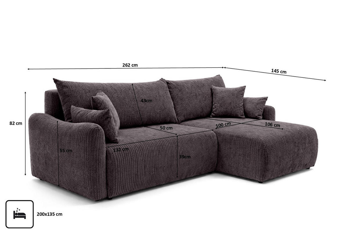 ECKSOFA Mit Schlaffunktion, Cordstoff Poso, Dunkelgrau, Rechts, JAPANDI - Dunkelgrau, Holz (262/145cm) - Kaiser Möbel