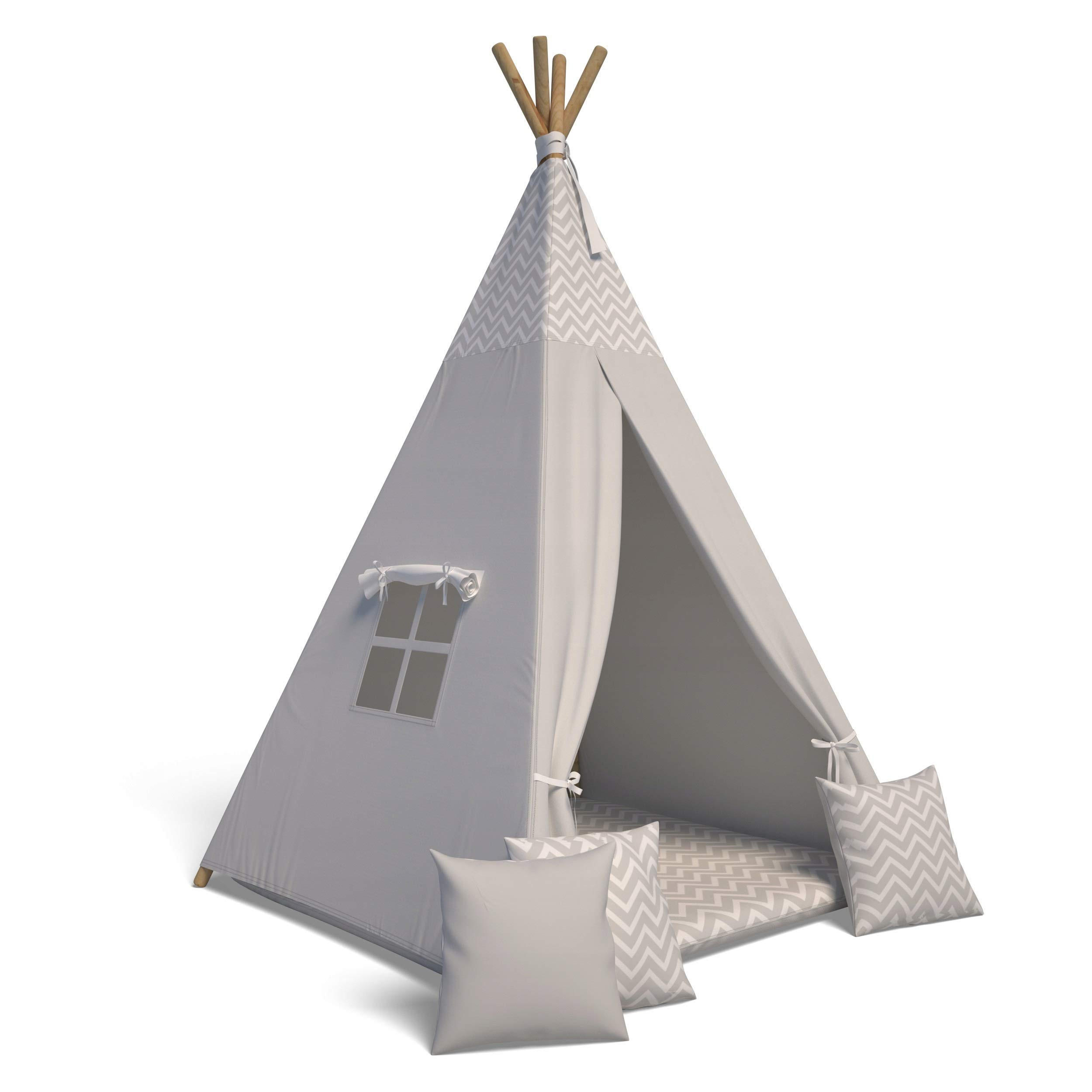 TIPI-ZELT 105 x 105 x 140 cm Zickzack grau mit weichen Kissen | Spielzelt für Kinderzimmer Indoor - Grau, Textil (105/105cm) - Best for Kids