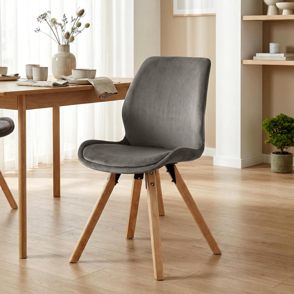 STUHL 4er Set Samt Grau - Eukalyptusholzfarben/Grau, Holz/Textil (49/87/58cm) - CLP