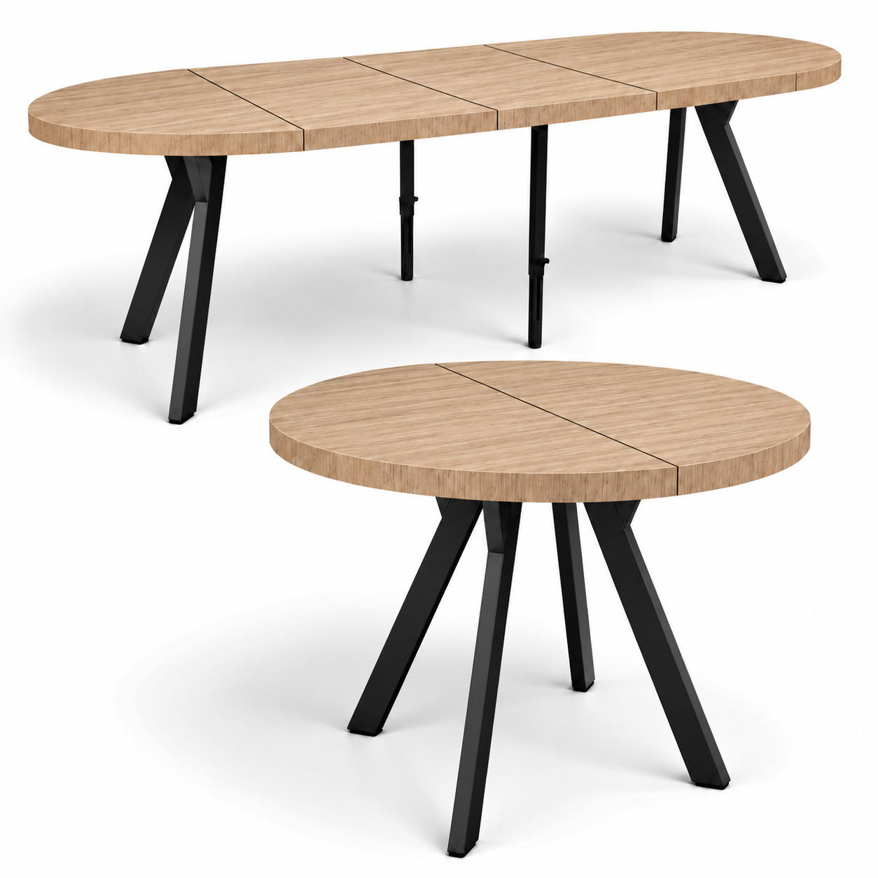 ESSTISCH rund ausziehbar 100/300/76 cm, Hellbraun Eiche Hikora Egger, 54 cm Tischplatte + Y Metallgestell Schwarz - Hellbraun/Eichefarben, Holzwerkstoff/Metall (100/300/76cm) - Damale Möbel