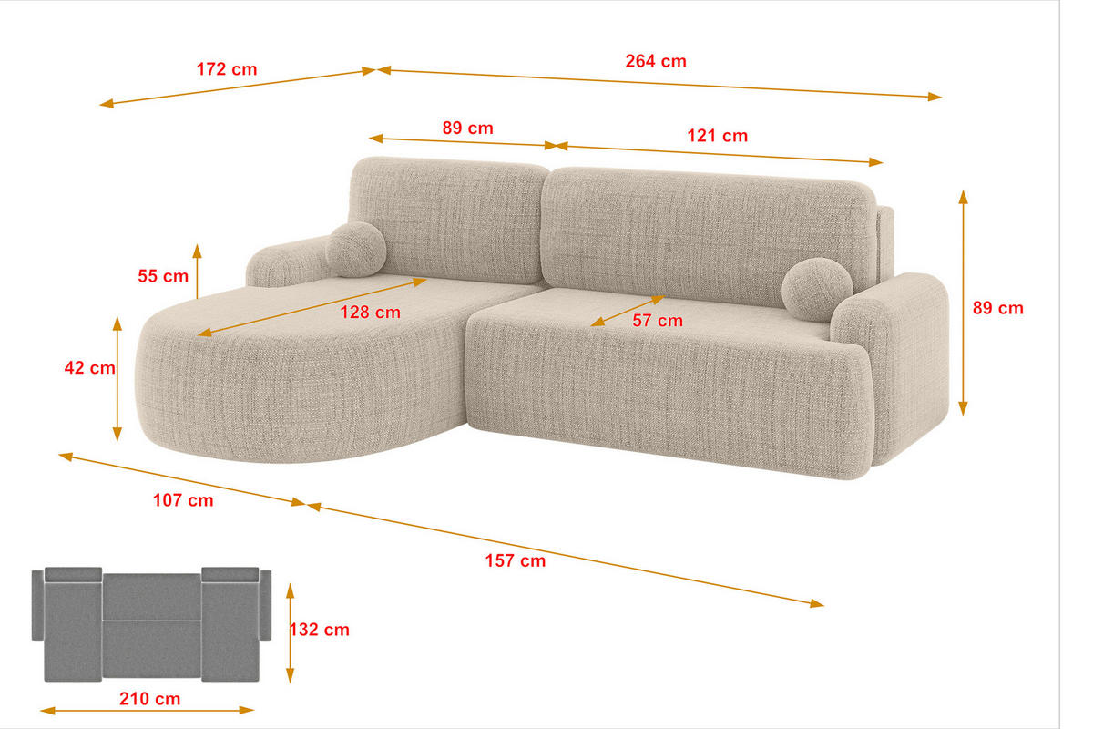 ECKSOFA mit Schlaffunktion und Bettkasten LIRA-L - 264x172x89 Beige - Beige, Holzwerkstoff/Textil (264/172cm) - ALTDECOR