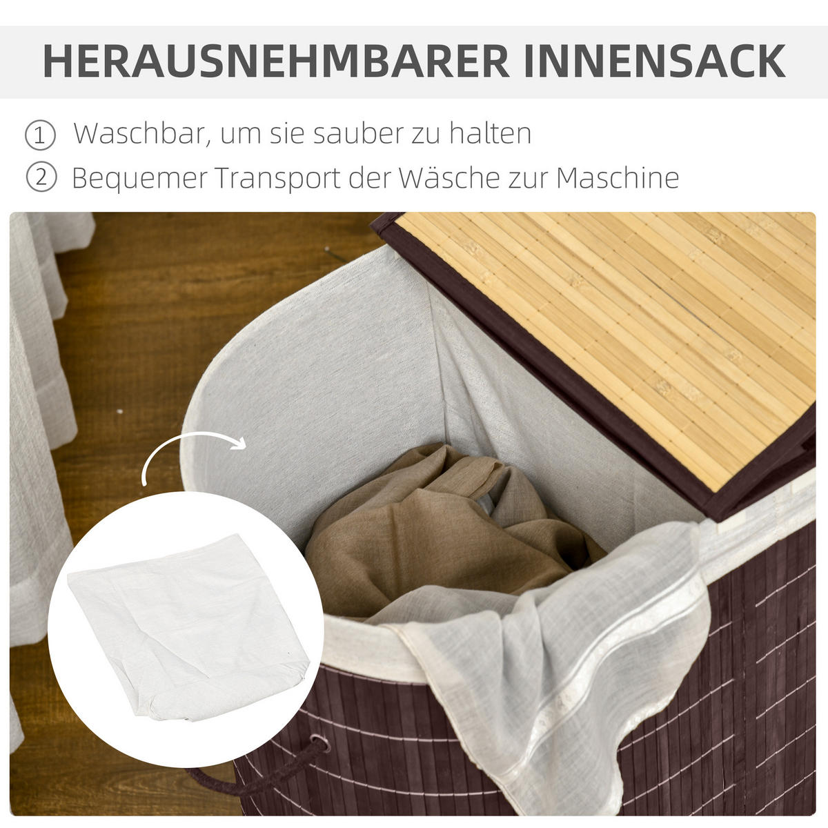 WÄSCHEKORB, Bambus, Polyester, Braun - Braun, Naturmaterialen (37/60.5/62.5cm) - HOMCOM