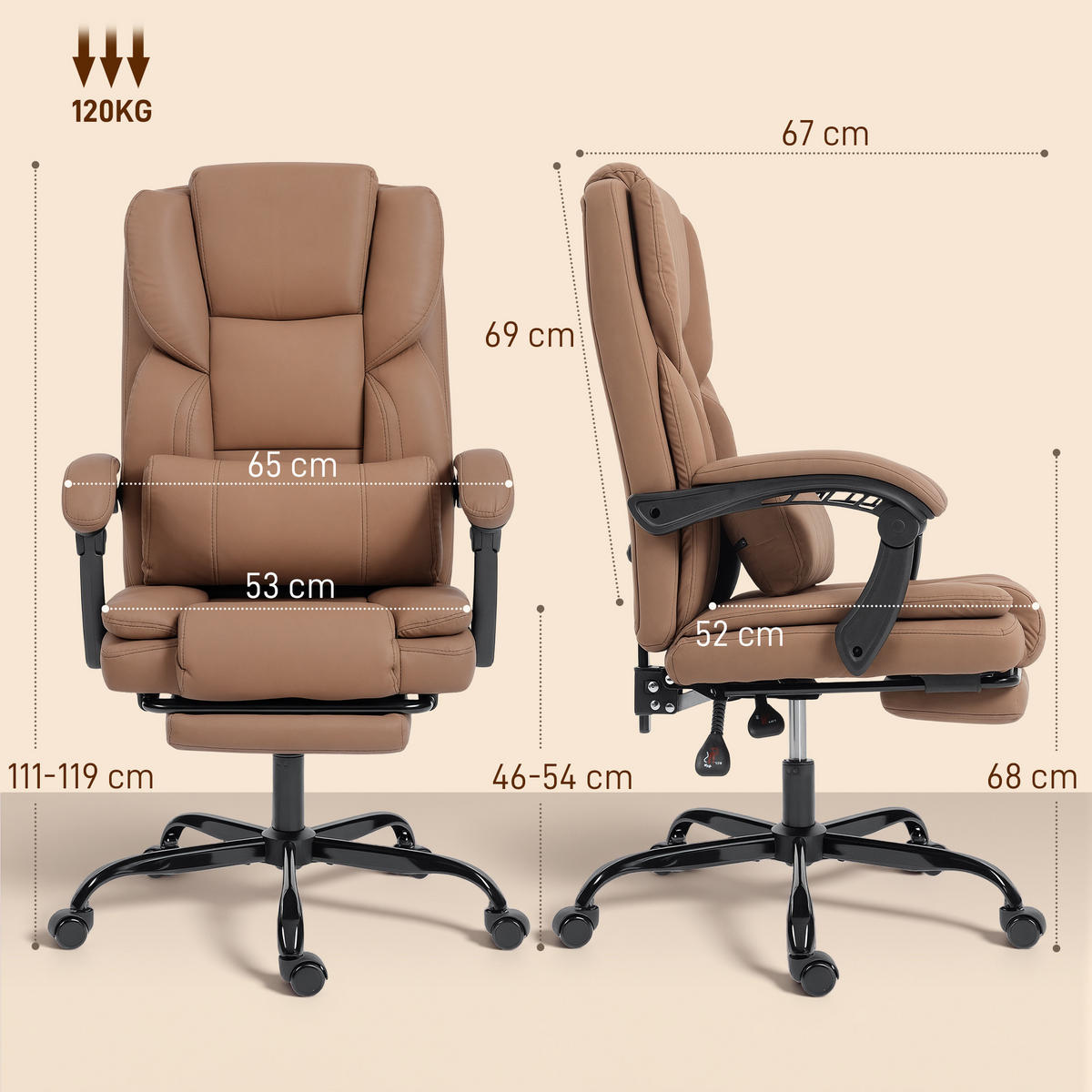 CHEFSESSEL DE-11822 neigbare Rückenlehne & Fußstütze Braun - Braun, Metall (65/119/67cm) - ComfortXL
