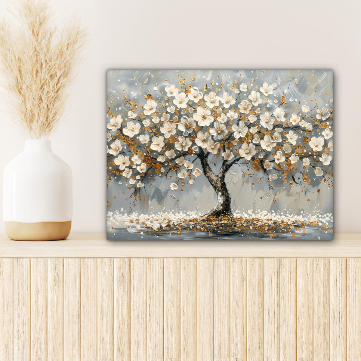 LEINWANDBILD Baum - Blumen - Weiß - Natur - Kunst Wandbild 40x30 cm - Weiß, Textil (40/30cm) - MuchoWow