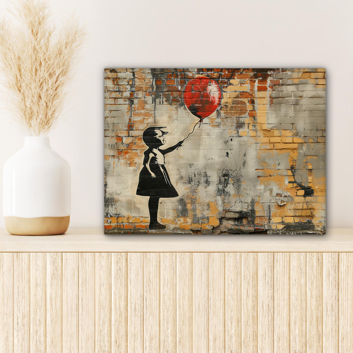 LEINWANDBILD Graffiti - Banksy - Mädchen - Straßenkunst Wandbild 40x30 cm - Sandfarben, Textil (40/30cm) - MuchoWow