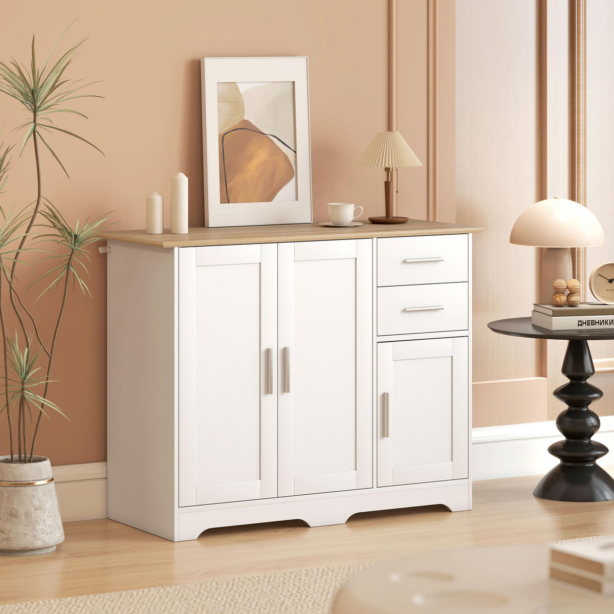 SIDEBOARD Weiß und Naturfarben, 2 Schubladen, 2 Türen, 100/40/78 cm - Weiß, Holz (100/78/40cm) - PANGIVO