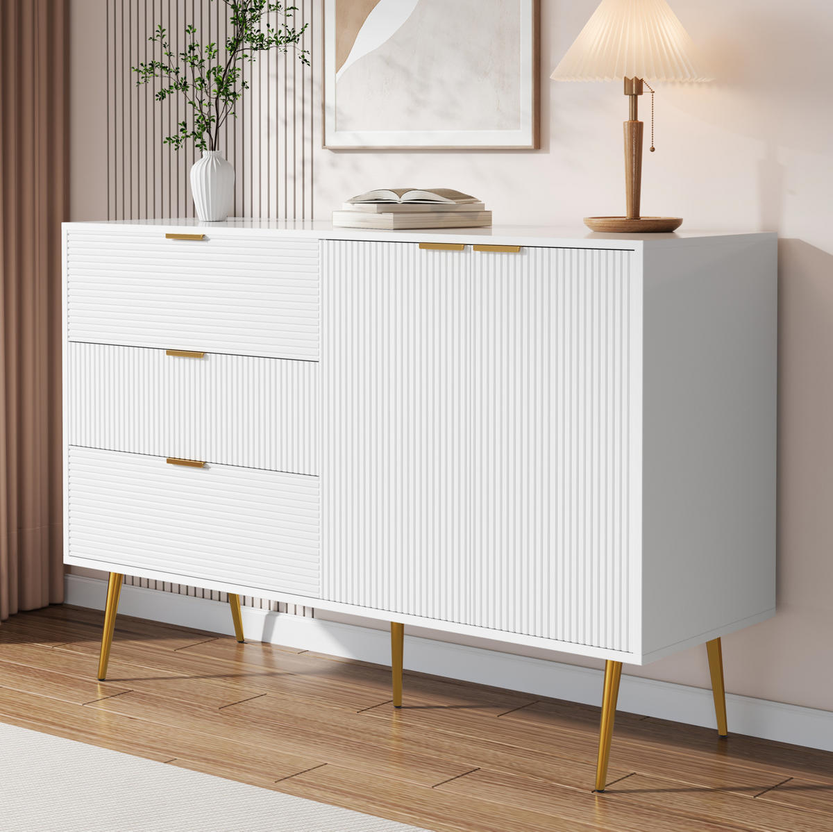 SIDEBOARD in Weiß-Gold mit 3 Schubladen und 2 Türen, MDF-Korpus, Wellenmuster, elegante goldene Griffe und Beine, 120/38/80,5 cm, Weiß-Gold - Weiß, Holzwerkstoff (120/80.5/38cm) - Redom