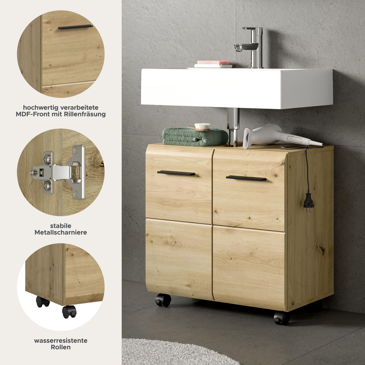 WASCHBECKENUNTERSCHRANK AUF ROLLEN Ice Artisan Oak 60/30/58 cm - Braun, Holzwerkstoff (60/58/30cm) - Xonox