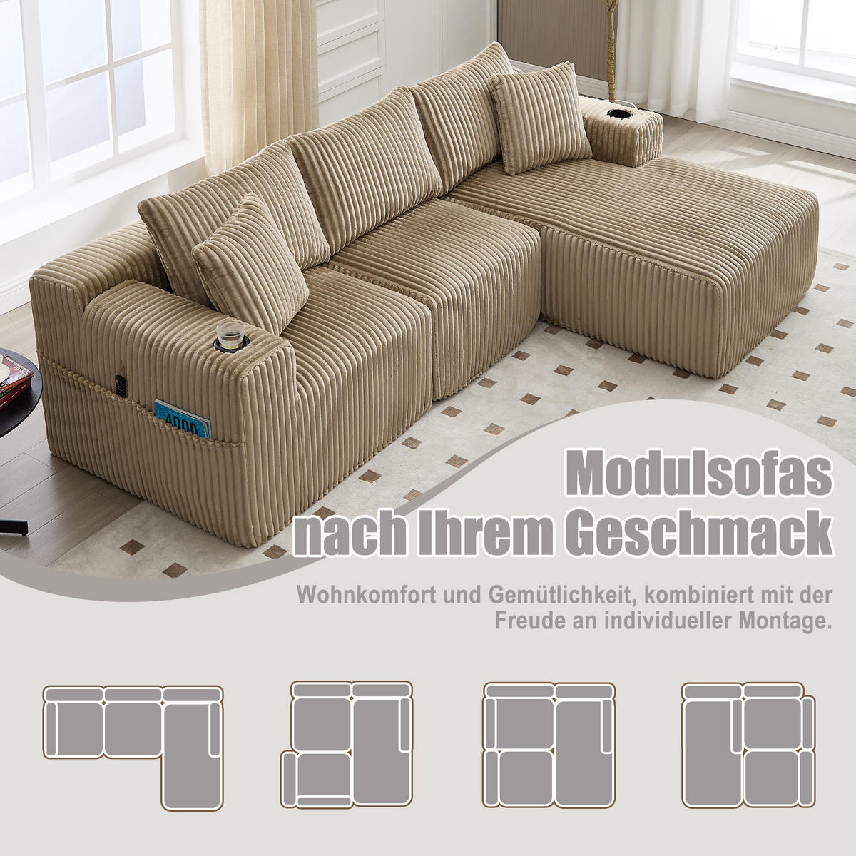 MODULARES Sofa-Set Cord mit Chaiselongue und 2-Sitzer Getränkehalter und Seitentaschen 257/90 160/62 cm Sandfarben - Sandfarben, Textil (160/257cm) - Redom