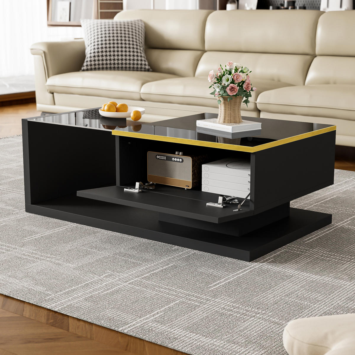 COUCHTISCH mit Ablage 90/50 cm mit LED-Beleuchtung und Glasplatte in Schwarz - Schwarz, Holzwerkstoff (90/50/32.5cm) - BEAOK