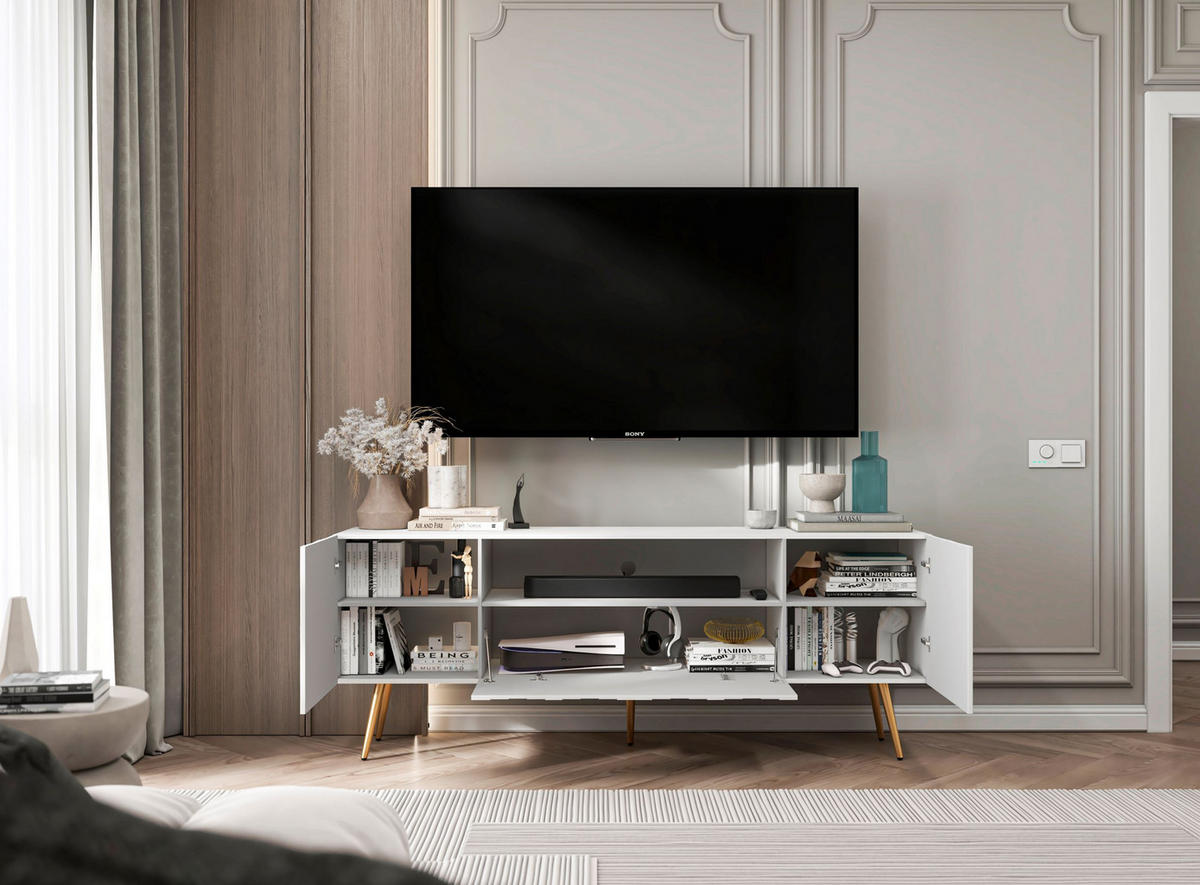 TV-SCHRANK Elpis2 Weiß Matt mit goldenen Metallbeine Glamour 150 cm - Goldfarben/Weiß, Holzwerkstoff/Metall (150/60.5/36.5cm) - Meble Lindner