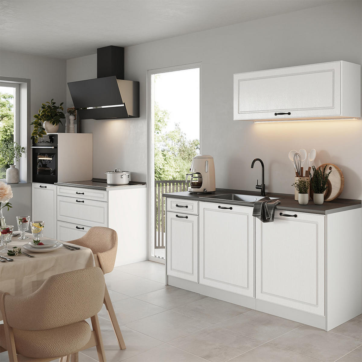 KUCHYNKA R-Line, Biely vidiecky dom/biely, 160 cm antrasiitti työtaso - biela, kompozitné drevo (160/143/60cm) - Vicco