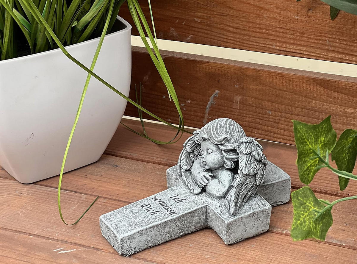 STEINFIGUR Engel Kreuz Ich vermisse Dich Steinguss frostfest massiv - Grau, Stein (9/7/14cm) - stoneandstyle