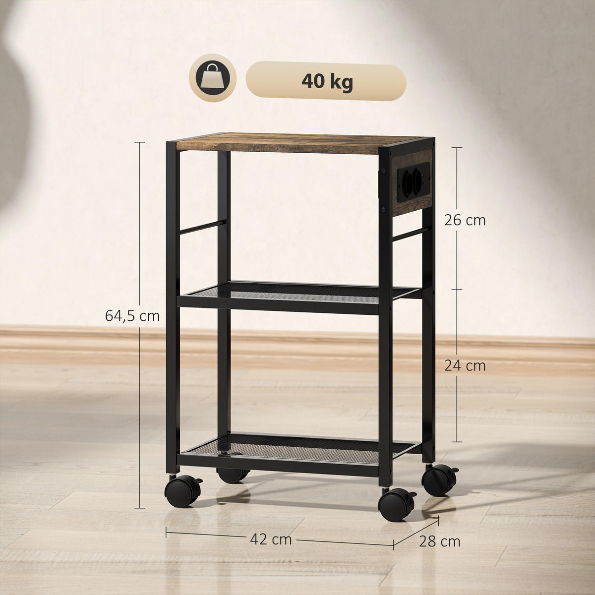 DRUCKERSTÄNDER Druckeregal mit Rollen, Steckdosen, USB- und USB-C-Anschlüsse - Rostfarben/Schwarz, Holzwerkstoff/Metall (28/64.5/42cm) - HOMCOM