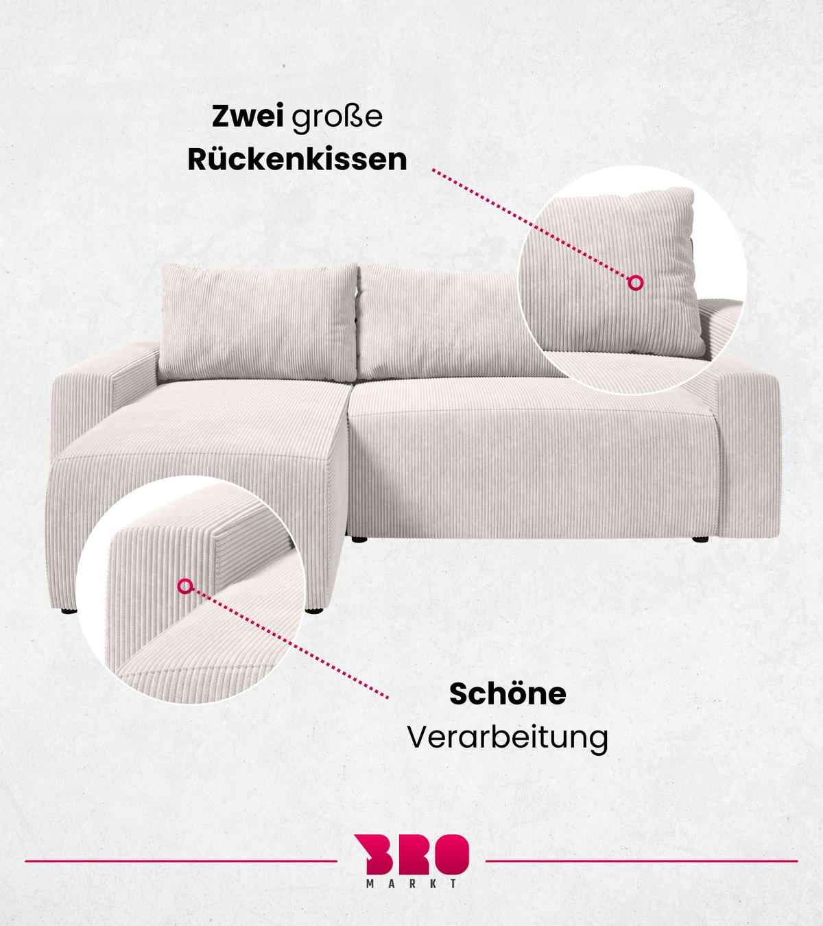 ECKSOFA PLUSH mit Schlaffunktion Weiß Cord - Weiß, Textil (240/145cm) - Bromarkt
