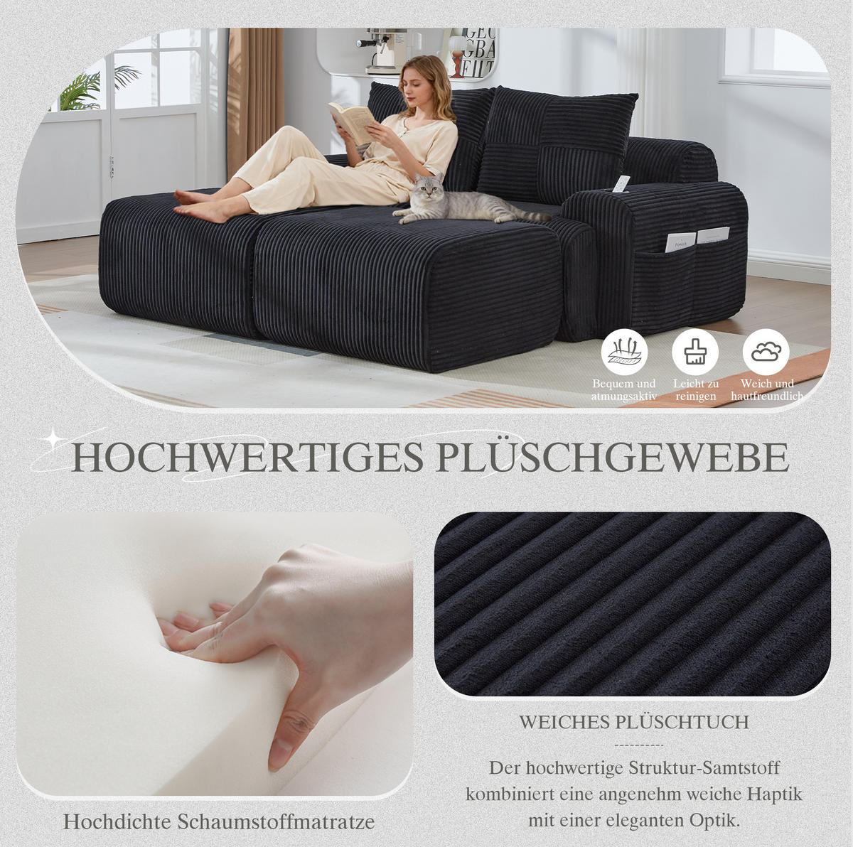 MODULARES 2-Sitzer Sofa Cordstoff mit Getränkehalter und Seitentasche 200/174/80 cm Schwarz - Schwarz, Textil (174/80/200cm) - Redom
