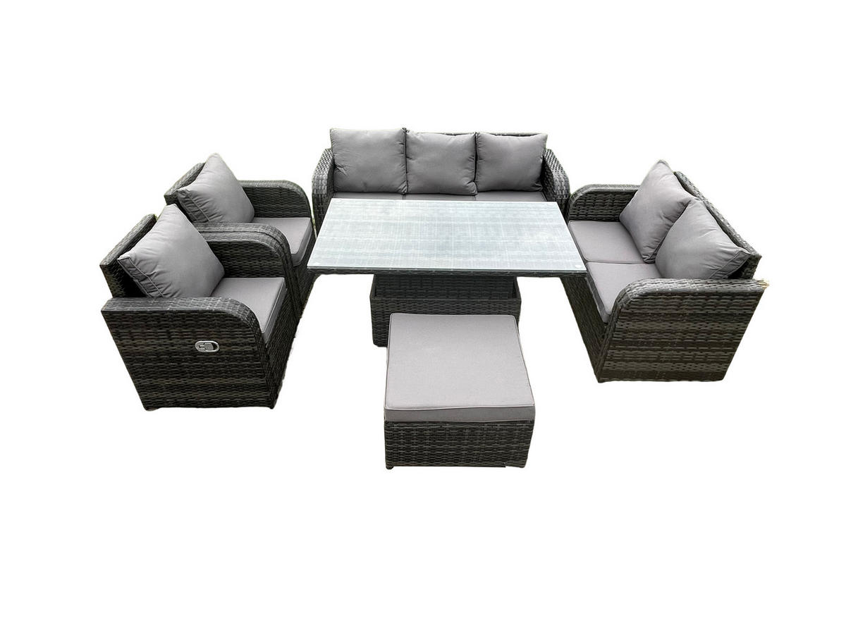 GARTENSOFA SETT Polyrattan 8-Sitzer - Dunkelgrau/Grau, Glas/Kunststoff - Fimous