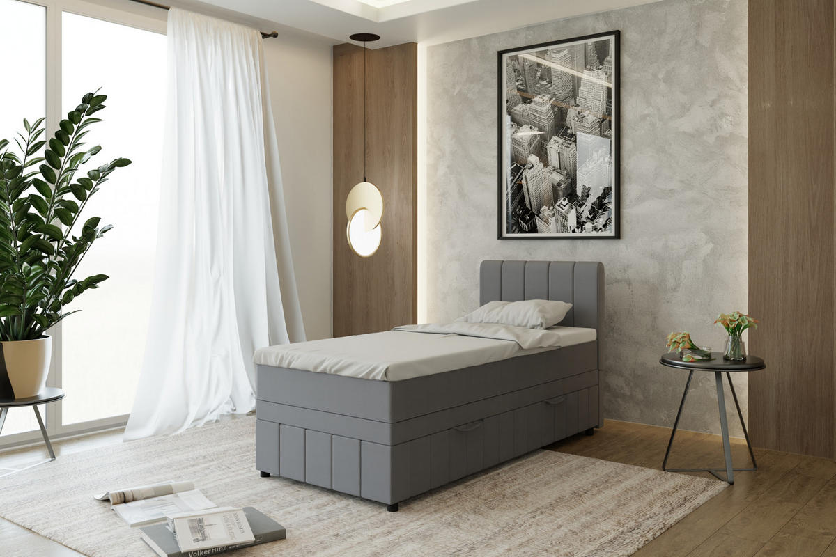 BOXBETT AVALON 90 x 200 cm mit Bettkasten und Topper - Dunkelgrau - Dunkelgrau, Holz - Panda Möbel