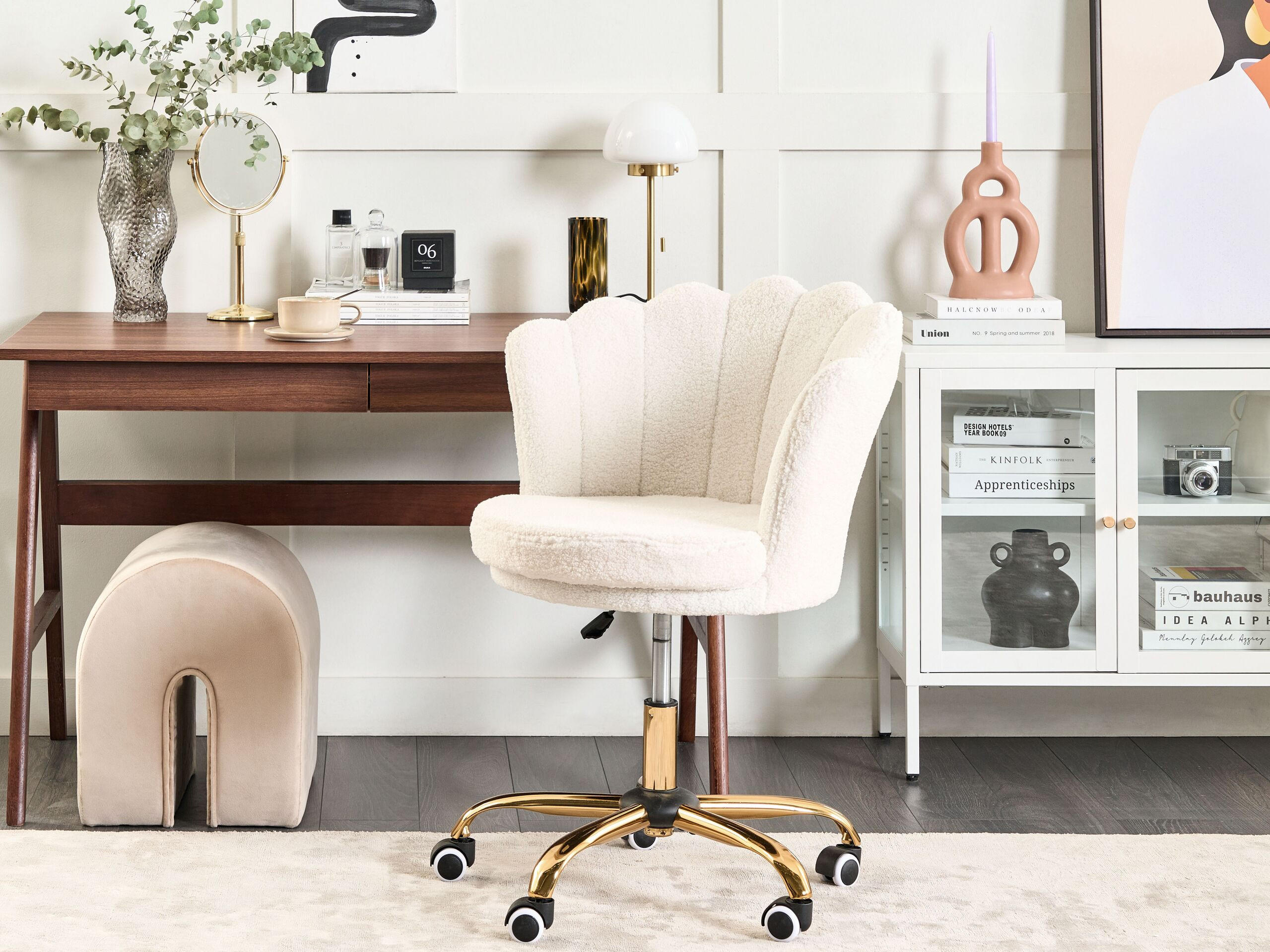 BÜROSTUHL Bouclé Weiß Monticello - Weiß, Textil/Metall (67/78/65cm) - Beliani