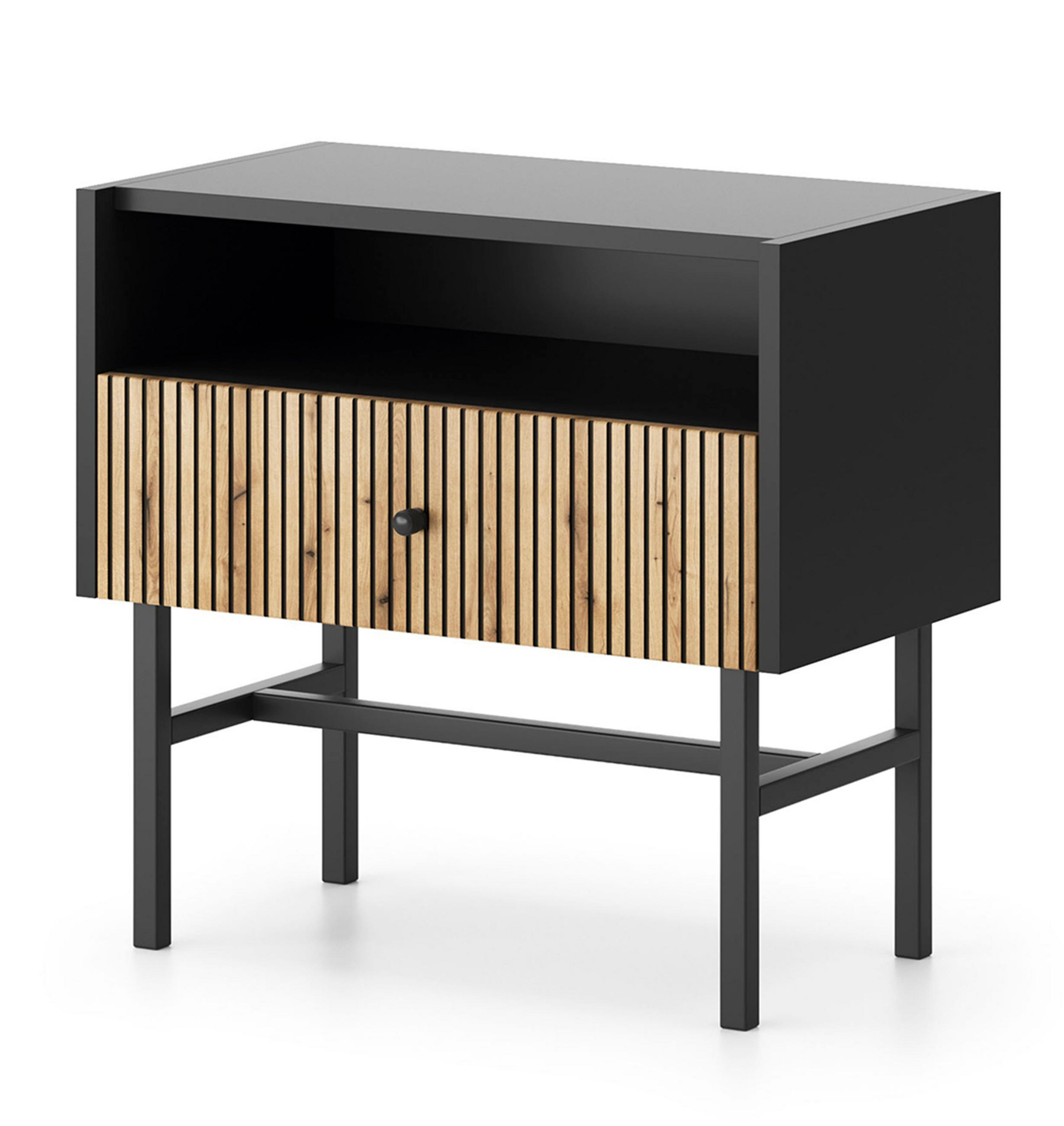 NACHTTISCH Dinley 1S Schwarz, Braun 54,8/52/39 cm – mit langen Beinen und Lamellenfront - Schwarz/Braun, Holzwerkstoff/Metall (54.8/52/39cm) - AX Living