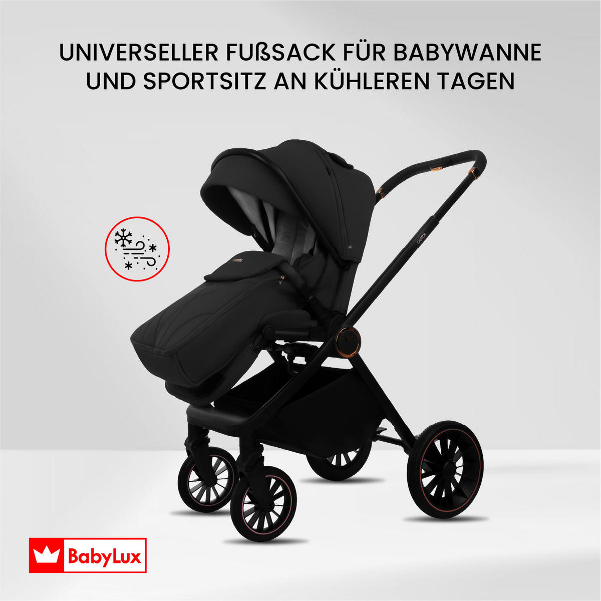 KINDERWAGEN Castor 2in1 Schwarz Babywanne, Buggy Sportsitz, Faltbar, Wickeltasche - Schwarz, Textil/Metall (58/100cm) - BabyLux