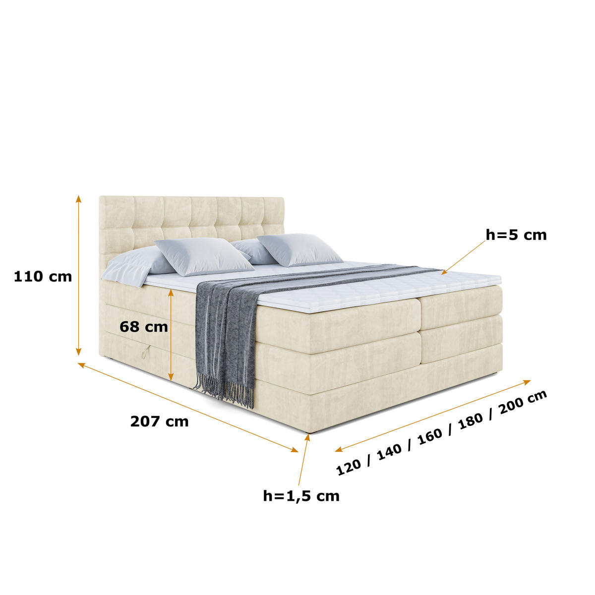 BOXSPRINGBETT BERO KING - 140x200 - H3/H4 - Beige - Beige, Holzwerkstoff (140/200cm) - ALTDECOR