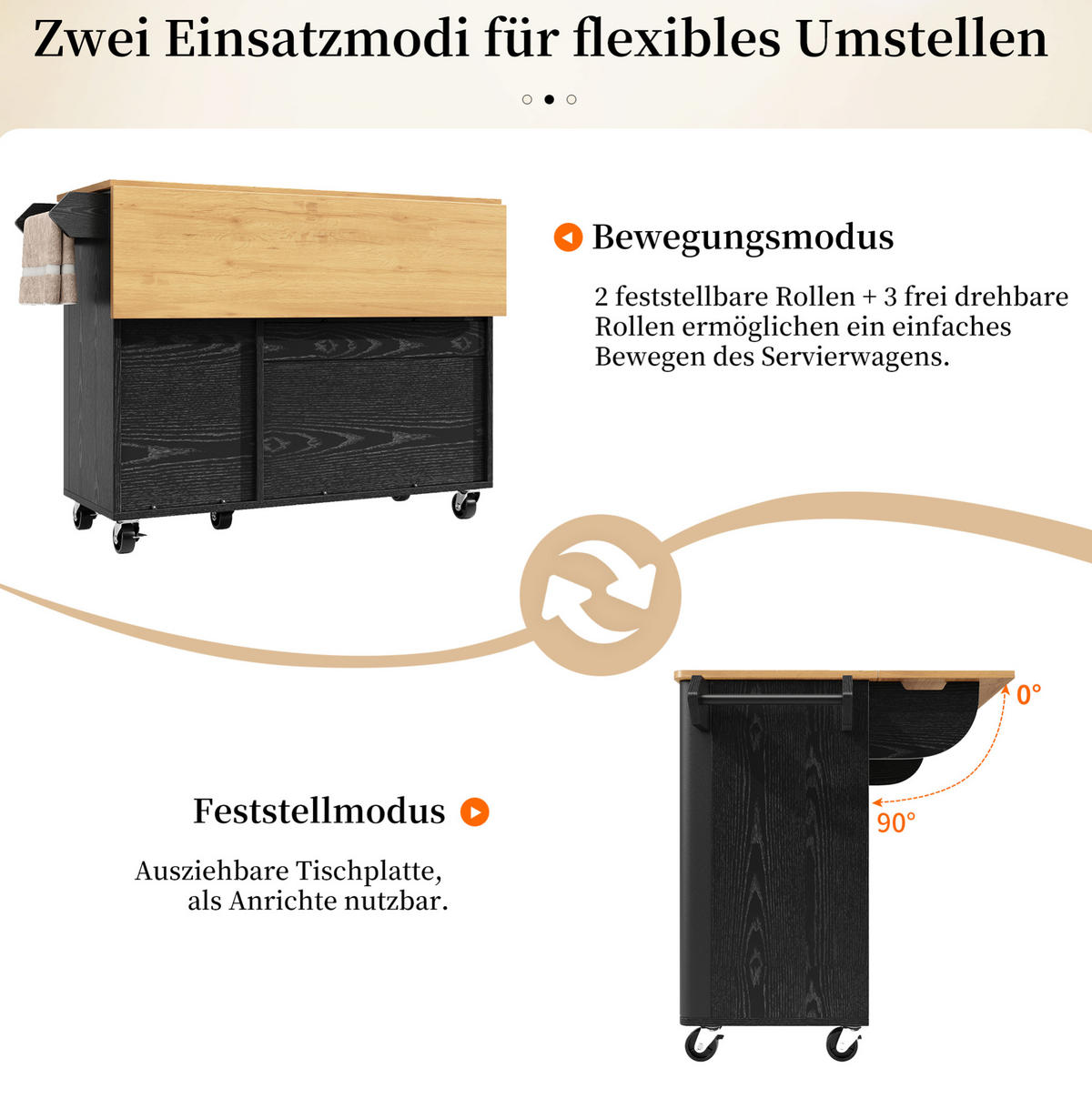 KÜCHENINSEL 130/45(75)/92 cm in Schwarz mit Rollen und klappbarer Arbeitsfläche - Schwarz, Holzwerkstoff (130/92/45cm) - Flora Grace