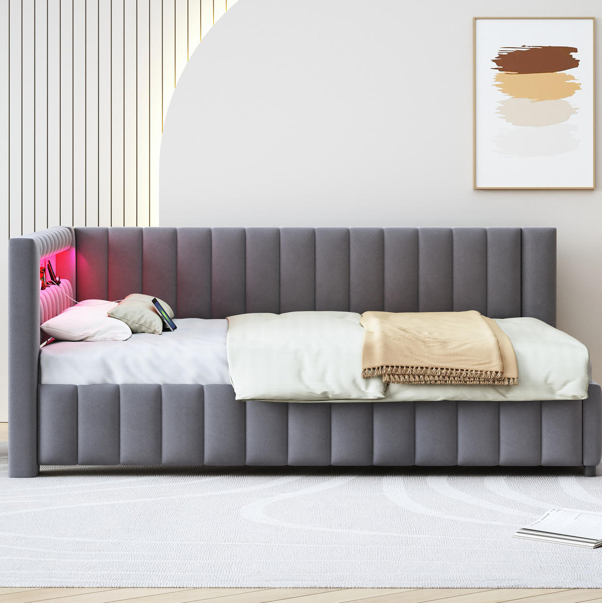 POLSTERBETT mit LED-Beleuchtung 140/200 cm in Grau mit Samtbezug und USB - Grau, Textil (140/200cm) - BEAOK